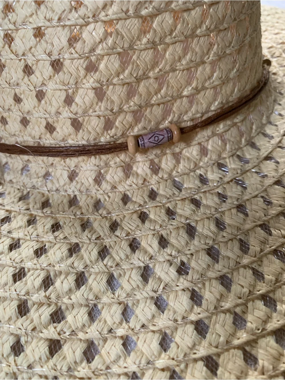 Women’s Beige Straw Wide Brim Sun Hat  Solid Beach Summer Travel bow Beads OS